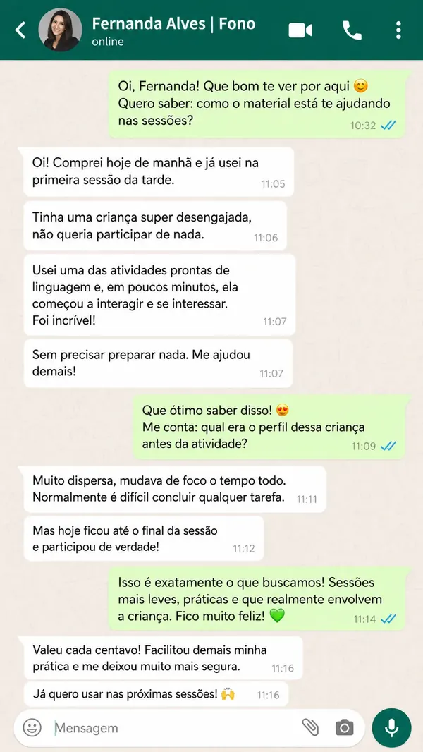 Conversa real de fonoaudióloga pelo WhatsApp